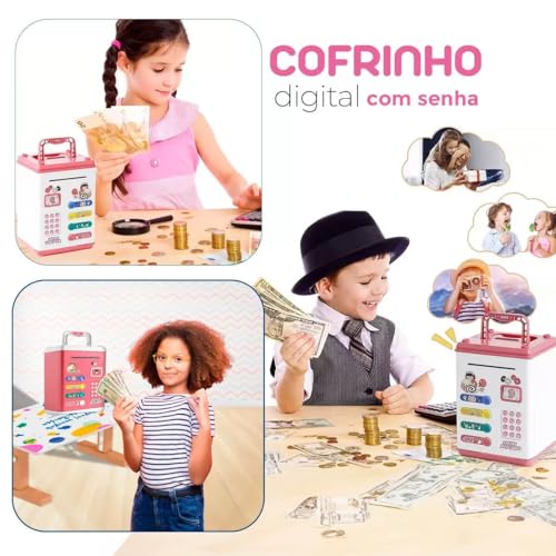 Mini Cofre Eletrônico Digital, Senha de 4 Dígitos, Entrada Automática de Notas e Moedas, Luzes LED e