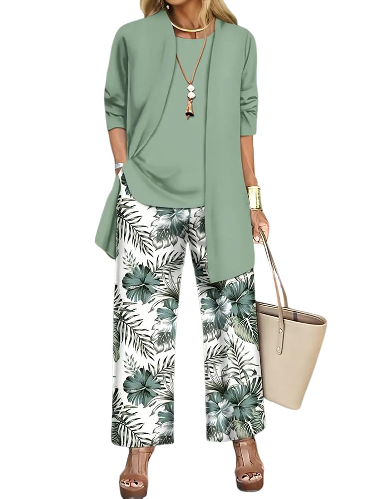 shownicer Hosenanzug Damen Festlich Elegant 3-Teiliges Set 3/4 Ärmel Freizeitanzug Hosenanzüge Sets Outfits
