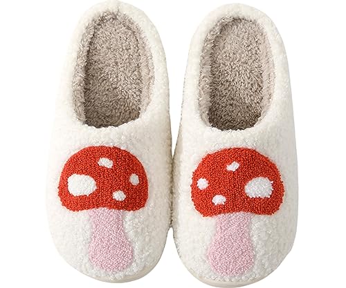 HIPINISS Women's Women's Smile Face Memory Foam Slippers Preppy Slippers Casual Cozy Home Non-Slip Soft Plush Slip-on Wool Lined Shoes, mushroom 37-38