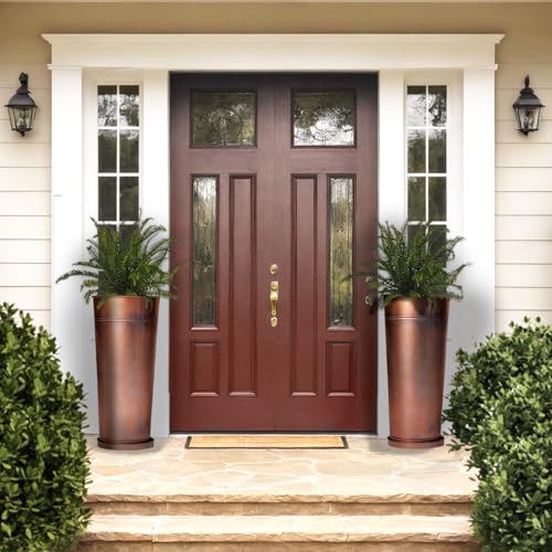 28inhandcraftedtallcoppermetalvintagelightweightplantersetporchesindooroutdoorterraces2tallplanters2innerpotswithholes2trays Urban Country Home Decor 28in handcrafted tall copper metal vintage lightweight planter set porchesindooroutdoorterraces 2 tall planters2 inner pots with holes 2 trays urban country home decor