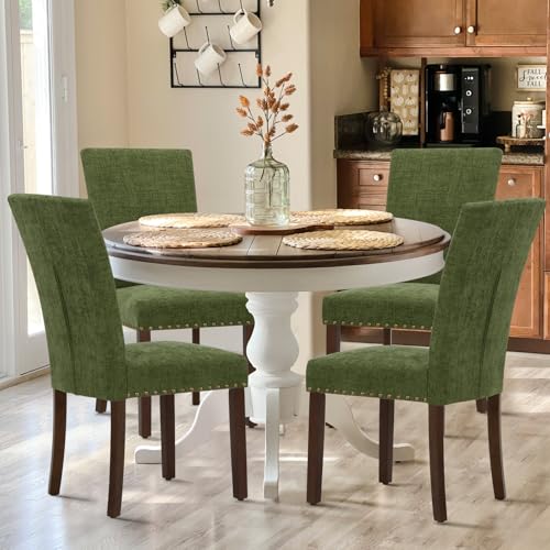 Image of COLAMY Upholstered Parsons Dining Chairs Set of 4, Fabric Dining Room Kitchen Side Chair with Nailhead Trim and Wood Legs - Green