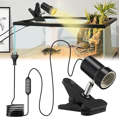 SGZIOO Portalámparas E27, Lampara Pinza E27 Con Temporizador, Interruptor, 1,8 m Cable, Ajustable 360°, para Tortugas, Reptiles, Acuarios, Sin Bombilla