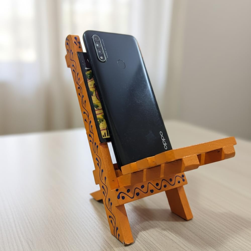DECORIQUE Wooden Phone Stand – Handcrafted Decorative Mobile Holder with Rajasthani Painting, Orange Yellow Pattern, Desk Organizer for Watching Videos, Calls & Charging-image-40