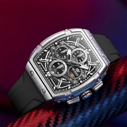 Image of OLEVS Men Watches Business Dress Chronograph Big Square Quartz Analog Male Watch Silicone Strap Waterproof Date Gift Mens Wrsit Watch Silver