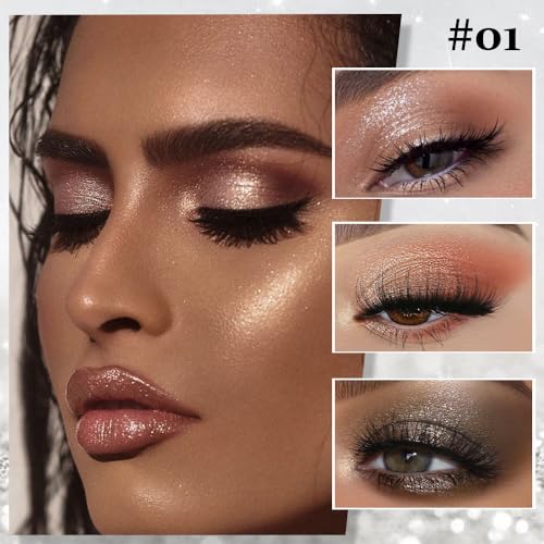 Image of Shiny Shimmer Highlight Eyeshadow Palette, Cream Sparkling Glitter Metallic Powder Quad, Day to Night Champange Gold Silver Brown White Smoky sombras de ojos, Party Cosmetics (Cowherd-Shimmer-01#)