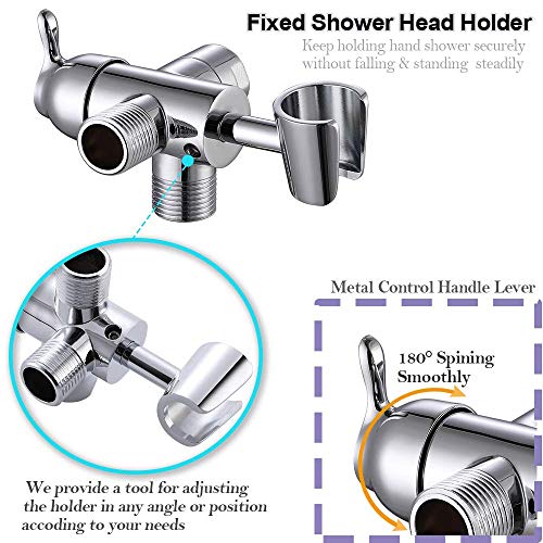 Shower Arm Diverter 3 Way with Handheld Shower Mount Bracket, G1/2 Universal Brass Shower Diverter Valve Bathroom Shower System Replacement for Hand Shower and Fixed Spray Head, Chrome Plated