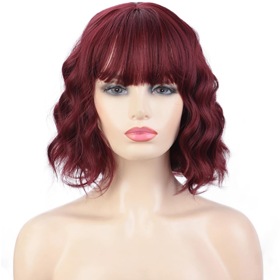 PORSMEER Short Wavy Curly Bob Red Wig with Fringe Natural Looking Synthetic Hair Wigs for Women Cosplay Party Or Daily Wear - Image 2