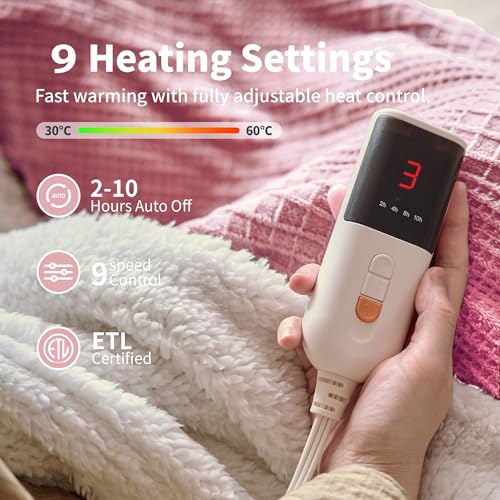Heated Blanket Electric Blanket Throw 50”X60”-Heating Throw with 9 Heat Settings-10 Hours Auto Off,ETL Certified,Machine Washable (Light Pink)