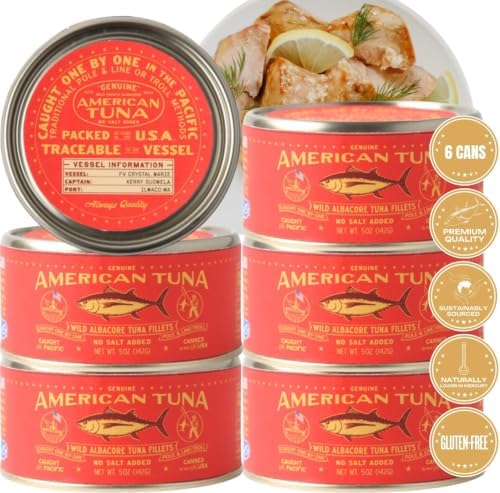 Genuine American Tuna - Premium Wild Pacific Albacore Tuna Fillets - No Salt | (6) 5 oz Cans | Canned in the US, Supporting US fishermen | Gluten Free, High Protein, Omega 3s | Hand-Packed in the U.S.A.