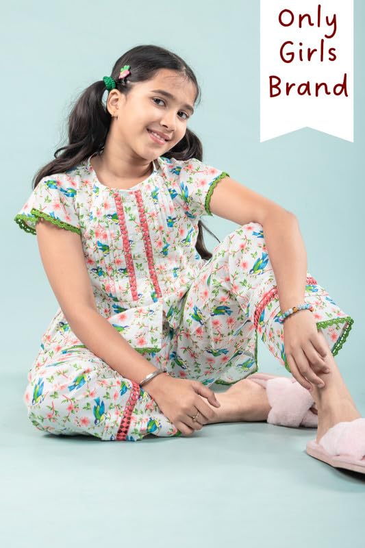 Image of Tweeny Mini Girls Kids Pure Cotton Nightsuit | Nightwear | Sleepwear | Nightdress with Pajama and Halfsleeve Top Cute Butterfly Printed with Eye Mask