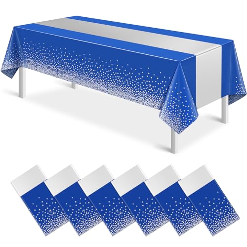 Image of 6Pcs Blue and Silver Tablecloth Party Decorations,Plastic Royal Blue Table Cloth Printed Silver Table Runner Disposable Rectangle Cover for Anniversary Wedding Graduation 2025 Party,54 x108 Inch