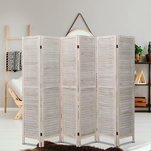 ECOMEX Room Divider 6 Panel, 5.6ft Tall Wood Partition Room Dividers and Folding Privacy Screens, Freestanding Room Separators Divider Wall, Retro White