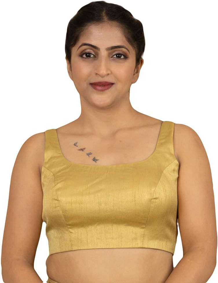 Women's Raw Silk Sleeveless U Round Neck Plain Readymade Saree Blouse Padded Stitched Lining Designer Indian Festive Blouse | S5