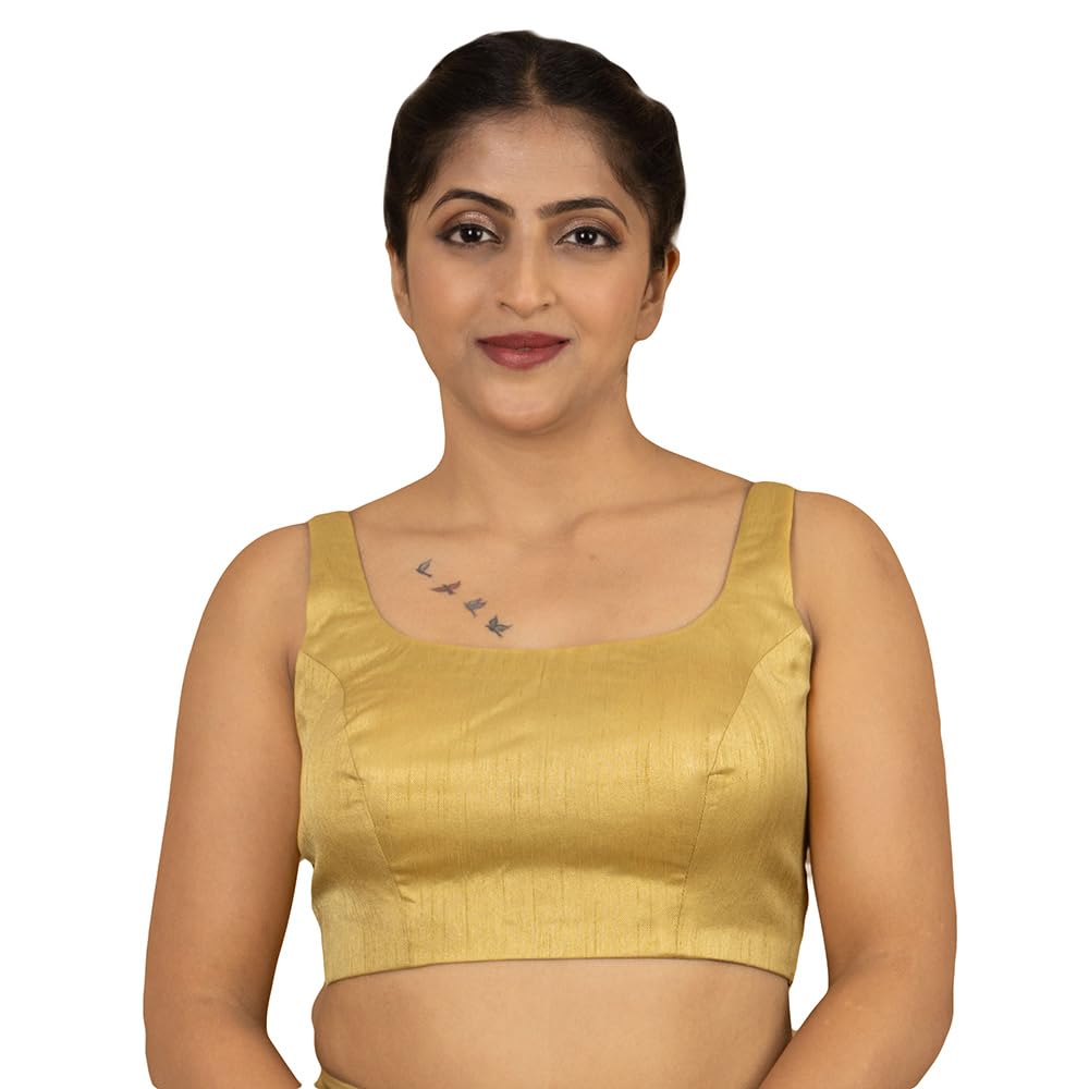 Women's Raw Silk Sleeveless U Round Neck Plain Readymade Saree Blouse Padded Stitched Lining Designer Indian Festive Blouse | S5