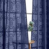 Aiyufeng Navy Blue Curtains 84 Inch Length for Bedroom, Soft & Privacy Semi Sheer Rod Pocket Curtain, 3D Floral Clip Jacquard Light Filtering Window Curtains Living Room, 54Wx84L Inch, 2 Panels