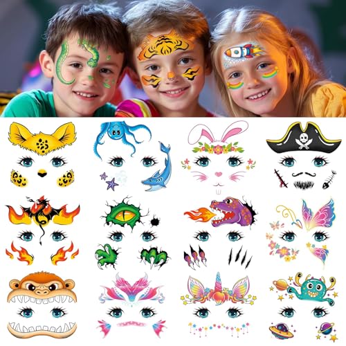 EMOME Face Tattoos for Kids - 24 Sheets Party Pack, Face Paint Tattoos Makeup for Boys and Girls Birthday Party Supplies Games, Face Tattoo Stickers for Kids Carnival Party Favors