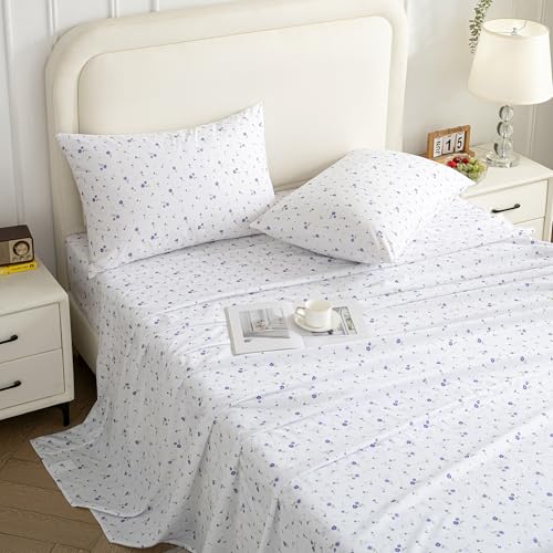 Image of Softan Floral Queen Sheet Set Purple Flower Bed Sheets Printed Queen Size - 4 Piece Microfiber Patterned Fitted Sheets with 15 inch Deep Pocket, Spring Flower Sheets and Pillowcase Set