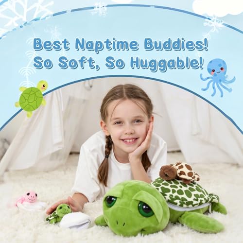 Image of Turtle Stuffed Animals with 3 Babies, 14 inch Sea Turtle Plush, Green