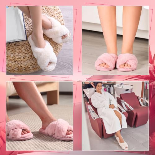 Image of 12 Pairs Women's Fuzzy Slippers Cross Band Open Toe Bridesmaid Fluffy Comfy House Slippers for Indoor Outdoor Wedding