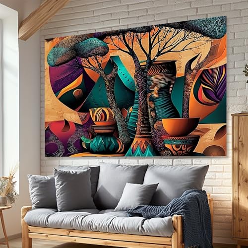 Image of ghriwlax African Abstract Canvas Print, Ethnic Tree Art Painting, Boho Geometric Home Decor, Bold Colorful Artwork(70x90cm/With frame)