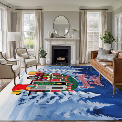ARTSHOWING Merry Christmas 5x7 Washable Area Rug, Low Pile Blue Winter Camper Van Floor Carpet