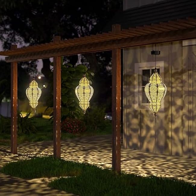 Moroccan Hanging Solar Lights Outdoor Lantern Bidirectional Availabili Garden Decor Waterproof Plastic Gold Decorations for Patio Pathway Yard Backyard Solar Powered Garden Decorative (2, gold)