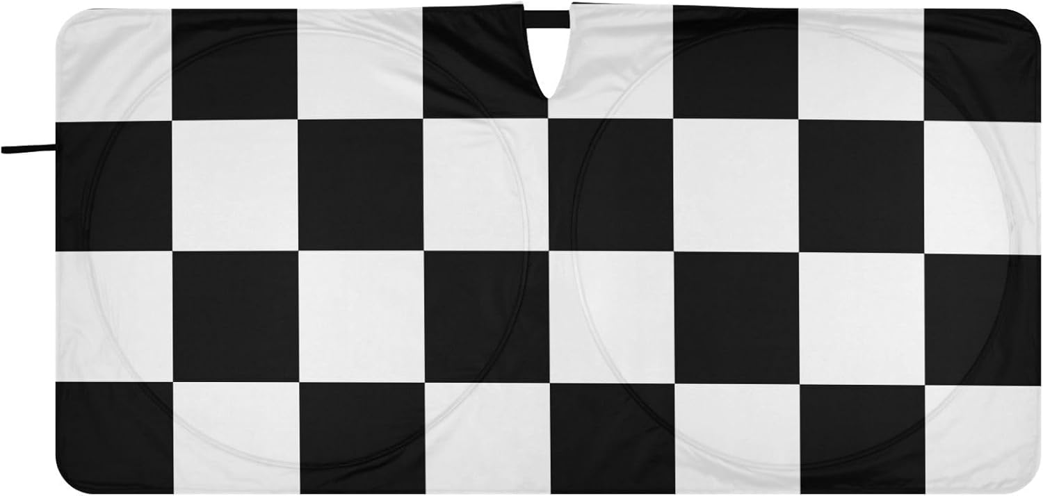 Windshield Sun Shade 59x30 Inch Sunshade for Car SUV Truck Foldable Sun Visor Blocker Cover for Car Windshield Checkered Black and White