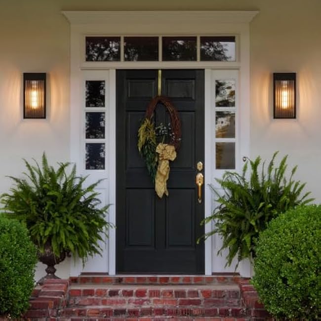 Cerdeco Black Outdoor Wall Light with Striped Tempered Glass,Modern Outdoor Wall Sconce with E26 Socket,2 Pack