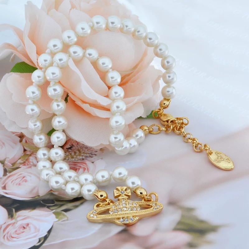 Punk Necklaces of Saturn for Women - Pearl Chain Crystal Quartz Saturn Pendant Necklace in Punk Style (Gold White)