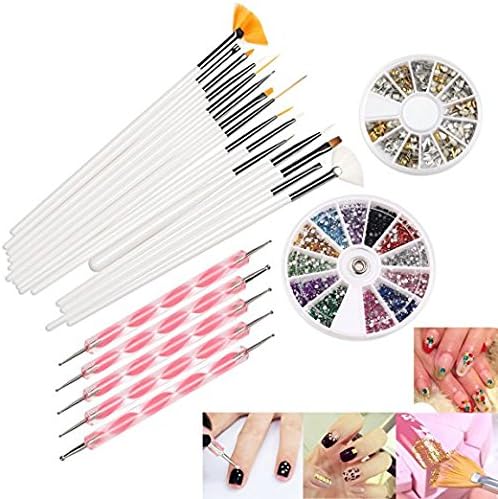 RELINDA (TM) 2 Way Manicure Pedicure Set, Dotting Pens, 5 PCs, Nail Art Brush, 15 PCs with Gold/Silver Studs and Nail Rhinestones 12 Colors