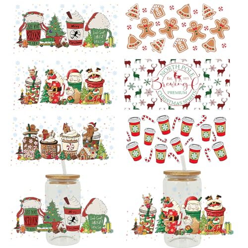 AUOCATTAIL UV DTF Cup Wrap Transfer for Glass, Christmas Theme UV Transfer Stickers Rub on Transfers for Crafting Decals Waterproof Sticker for 16OZ Libbey Glass Cups (6 Sheet)
