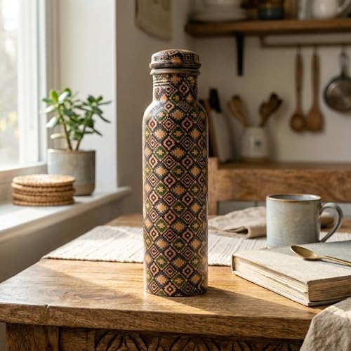 Image of VIRGIN Foodgrade 99.9% Pure Copper Water Bottle- Leakproof, Joint Free, No Lead, BPA-Free - Ayurvedic Health Benefits- Made in India - Traditional Boho Print (950 mL)