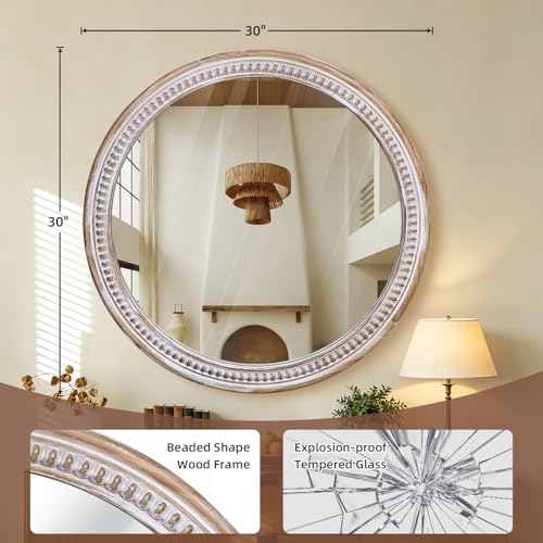 Image of 30 Inch Round Wood Mirror, Rustic Farmhouse Wall Mirrors for Bathroom | Boho Accent, HD Tempered Glass, Large Decorative Appeal, Ideal for Living Room, Entryway, Foyer, Vanity, and Hallway