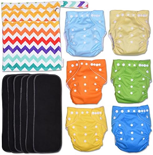 ColorZag 13-Piece Baby Gift Set - Pack of 6 Cloth Diapers, 6 Bamboo Charcoal Inserts and WetDry Bag, Baby Gift All in One Cloth Diapers Set D