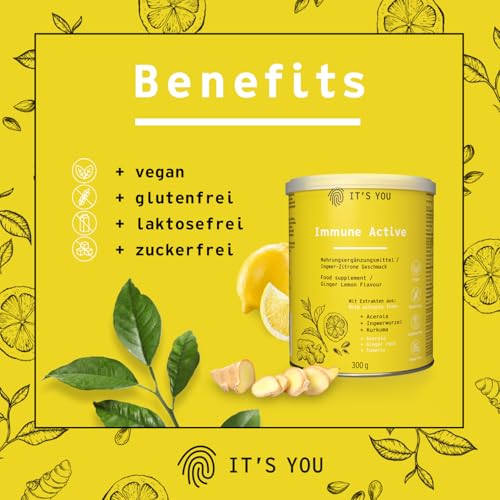 Its You® Immune Active Vitamin Drink mit Superfoods/ 300g Pulver, 30 Portionen mit Ginger-Lemon Geschmack/Nahrungsergänzung zur Unterstützung des Immunsystems mit wichtigen Vitaminen & Mineralstoffen