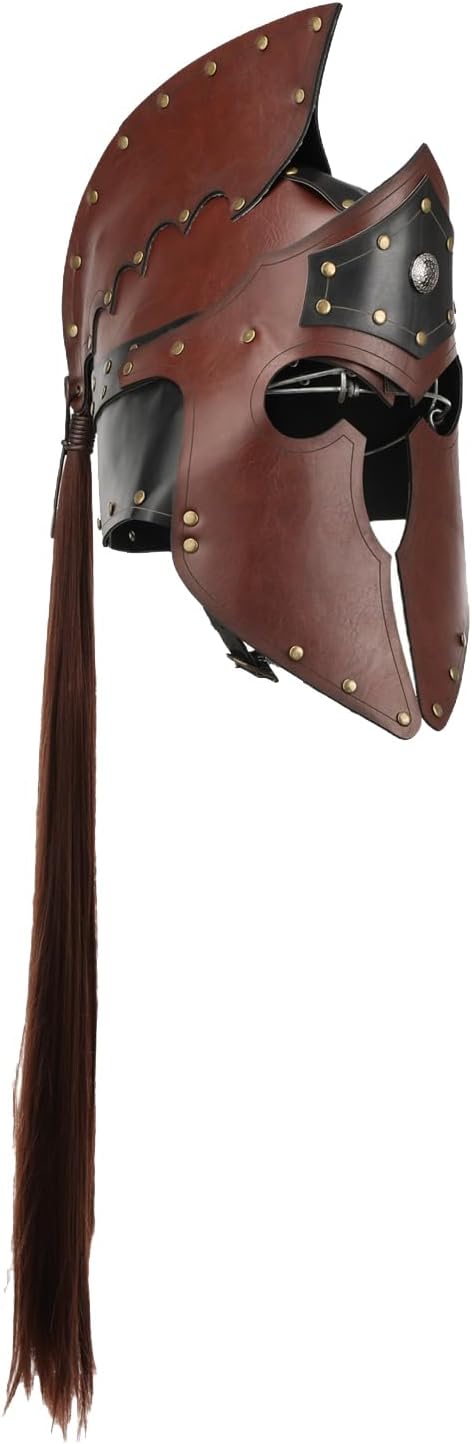Men Medieval Viking PU Leather Helmet with Tassel Roman Knight Brown Armor Helmet for Halloween LARP Costume Accessory