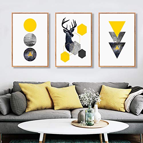 Impression toile abstraite cerf géométrique jaune et gris haute définition - 3