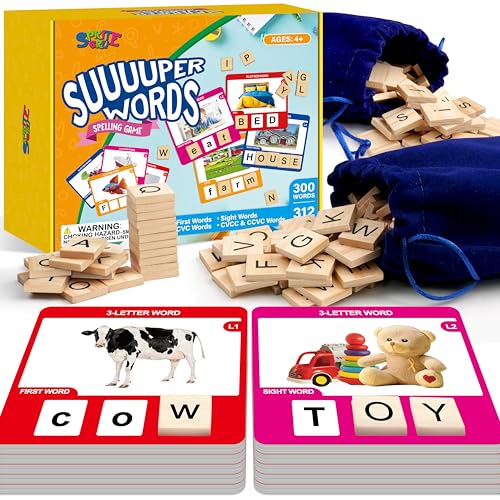 Word Spelling Game, 312 Wooden Letters Tiles & 300 Common