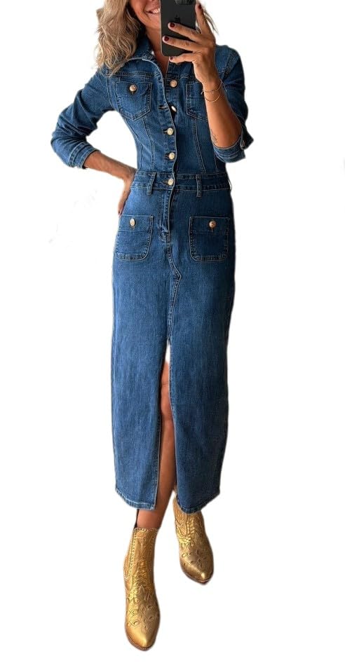Women Bodycon Slit Denim Dresses 2025 Trendy Long Sleeve Button Down Denim Maxi Long Jean Dress