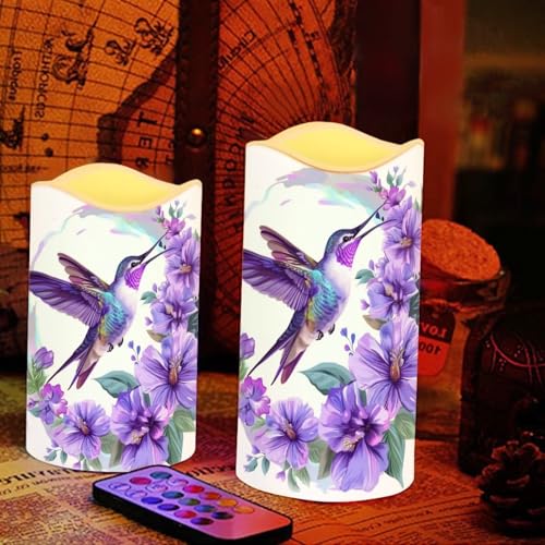 Image of Purple Hummingbird Pillar Candles Bulk Led Flameless Battery Operated Candles with Timer Remote Color Changing Electric Fake Candles for House Warming Home Decorations Set of 4
