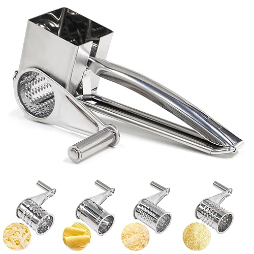 Manual Rotary Cheese Grater with Handle with 4 Interchangeable Sharp Drum Blades Stainless Steel Handheld Cheese Shredder Easy to Clean and Use for Cheese Vegetable Chocolate Walnut Nuts