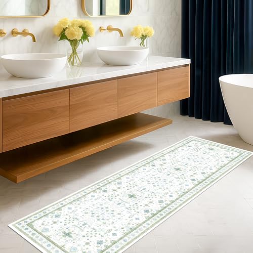 Hazo Haus Washable Oushak 2x8 Bathroom Runner Rug - Vintage Turkish Floral 8ft Long Low Pile Non Slip Runners for Kitchen, Hallway - Cream Blue and Green