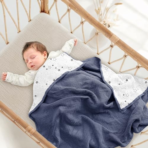 Image of lulumoon Muslin Baby Blanket for Boys - Soft Cotton Receiving Blanket for Infant - 4 Layer Reversible Breathable Crib Bedding for Stroller and Nursery 47 inchx47 inch (Blue Star)
