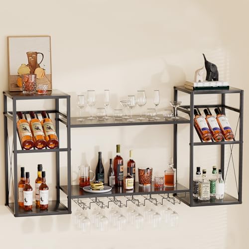 Nisorpa Wine Rack Wall Mounted Wine Bottle Organizer with Glass Holder, Liquor Bottles Shelves Display Storage Hanging Long Stemware Goblet Metal Wall Bar for Home Mini Bar Cellar, Black