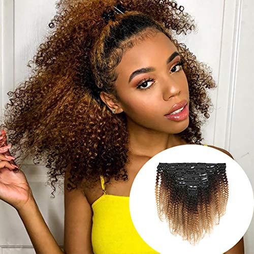 Doren Clip In Human Hair Extensions for Black Women 8Pcs 18Clips 120g Afro Kinky Curly #1B/4/27 Remy Brazilian Hair 12 inch