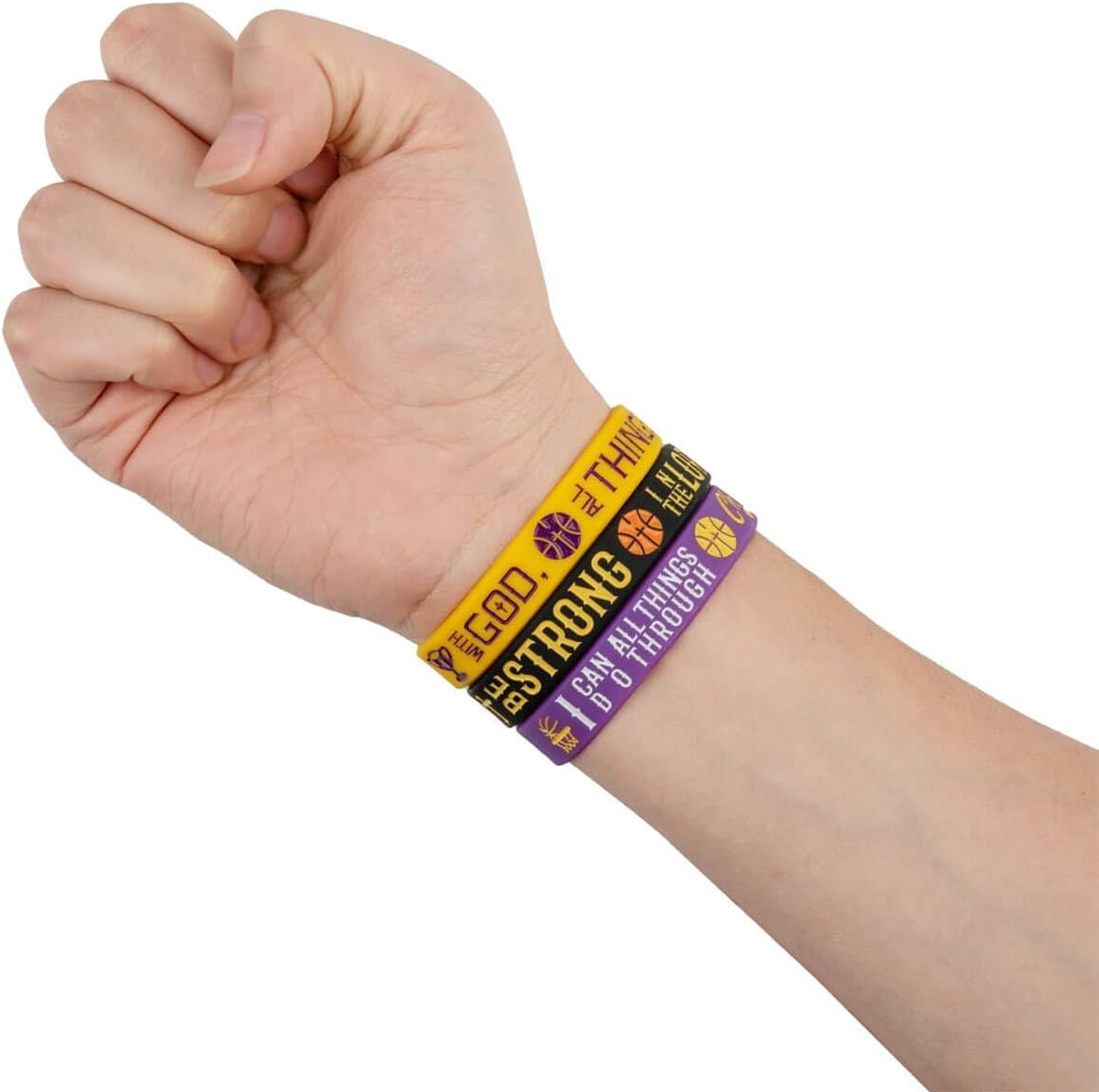 Sainstone 12-Pack Basketball Inspirational Bible Verse Silicone Bracelets with Christian Sayings MATTHEW 19:26, PHILIPPIANS 4:13, EPHESIANS 6:10, Wholesale Sports Party Favors Gifts for Lakers