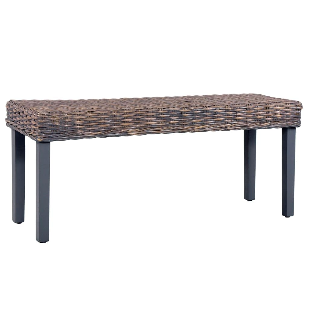 Banco de ratán Kubu, 110 cm, con patas de madera maciza de caoba, banco de pasillo en gris natural, estable y fácil de limpiar, carga máxima de 110 kg por asiento
