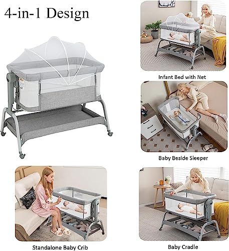 Baby's Cradle, Height Adjustable Infant Co-Sleeper Travel Cot with Detachable Net - Image 3