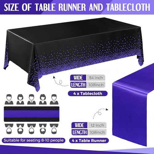 Image of Breling 8 Pack Black and Purple Disposable Plastic Tablecloths and Satin Table Runner Set, 54 x 108 Inch Tablecloth, 12 x 108 Inch Table Runners for Wedding Graduation Birthday Baby Shower