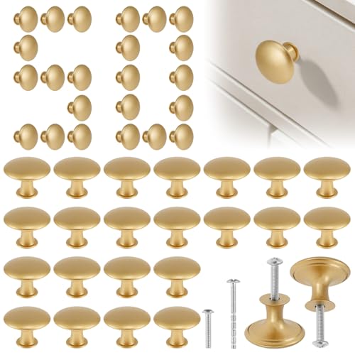 MLYNZXJSY 50 Pack Gold Round Cabinet Knobs 1-1/6 Inch (30mm) Drawer Knob Bulk Set/Hollow Inside/Lightweight Cabinet Rustproof Dresser Knobs with Screws Modern Decorative for Kitchen Cabinets Dresser